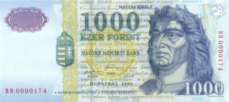 1999. 1000Ft "3x) "DD" egymásutáni, ill. kevés ugrású sorszámokkal (nagyon alacsonyak...