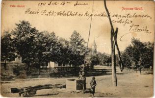 1911 Balatonszemes, Szemes-fürdő; falu részlet, gémeskút. Berliner Salamon kiadása (fl)