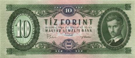 1969. 10Ft (3x) mindháromnál hátlapi képeltolódás balra, sorszámok jóval feljebb állnak, mint a betűjel, egymásutáni sorozatszámok T:I