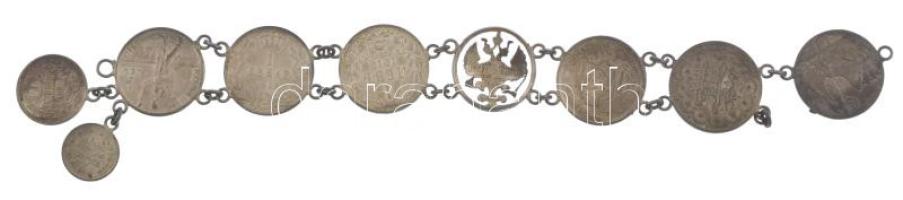 9db klf ezüstpénz láncon összefűzve klf országokból, közte Románia 1910. 1L Ag + Szerbia 1912. 1D Ag...
