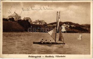 1931 Balatongyörök, Fürdőhely, villarészlet, vitorlázók. Malek Károly kiadása (felületi sérülés / surface damage)