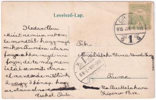 1906 Orsova, Babagája szikla és gőzhajó. Szecessziós montázs festőpalettával és ecsetekkel / rock an...