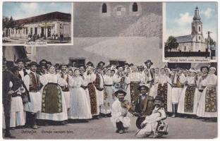 1913 Gátalja, Gáttája, Gataia; Fő utca, Görögkeleti román templom, Román nemzeti tánc / main street, Romanian Orthodox church, Romanian folklore, traditional dance with musicians