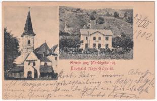 1902 Nagyselyk, Nagy-Selyk, Marktschelken, Seica Mare; vasútállomás, templom / railway station, church + "NAGY-SZEBEN - KIS-KAPUS 149. SZ." vasúti mozgóposta bélyegző