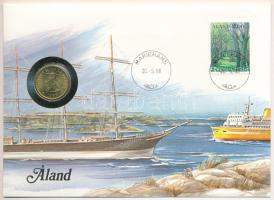 Finnország / Aland 1986. 20p Al-Br felbélyegzett borítékban, bélyegzéssel, német nyelvű leírással T:1 patina Finland / Aland 1986. 20 Penniä Al-Br in envelope with stamp, cancellation and a prospectus in german C:UNC patina