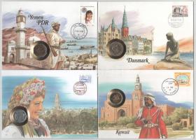 4db-os érmés boríték tétel, mind különféle, közte 1db német nyelvű tájékoztatóval, benne: Jemen, Dánia, Ukrajna, Kuwait T:UNC,AU