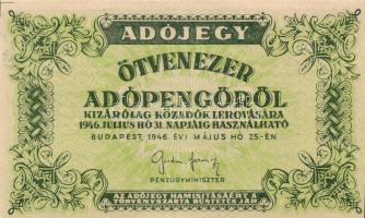 1946. 50.000AP barnásfehér vízjeles papíron, sorozat- és sorszám nélkül, hátlap világoszöld képnyomat, vízjel fejtetőn balra áll T:I