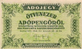 1946. 50.000AP barnásfehér vízjeles papíron, sorozat- és sorszám nélkül, hátlap világoszöld képnyomat, vízjel fejtetőn balra áll T:I