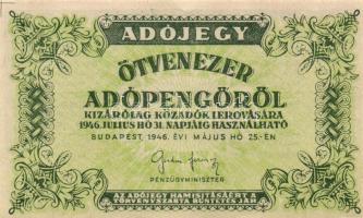 1946. 50.000AP barnásfehér vízjeles papíron, sorozat- és sorszám nélkül, hátlap világoszöld képnyomat, vízjel fejtetőn balra áll T:I