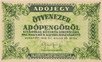 1946. 50.000AP barnásfehér vízjeles papíron, sorozat- és sorszám nélkül, vízjel fejtetőn balra áll T:I