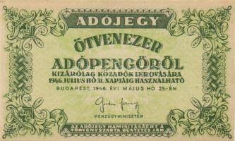 1946. 50.000AP barnásfehér vízjeles papíron, sorozat- és sorszám nélkül, vízjel fejtetőn balra áll T:I