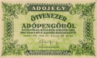 1946. 50.000AP barnásfehér vízjeles papíron, sorozat- és sorszám nélkül, vízjel talpa jobbra áll, de tükörkép T:I