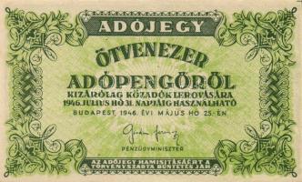 1946. 50.000AP barnásfehér vízjeles papíron, sorozat- és sorszám nélkül, vízjel talpa jobbra áll, de tükörkép T:I