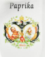 I. világháborús porcelán fűszertartó, Paprika felirattal, Ferenc József és II. Vilmos császárt ábráz...