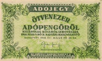 1946. 50.000AP barnásfehér vízjeles papíron, sorozat- és sorszám nélkül, vízjel talpa jobbra áll, de tükörkép T:I