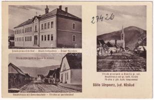 Oláhszentgyörgy, Sangeorgiul Roman, Sangeorz-Bai; Scoala primara de Stat, Strada principala cu Biserica gr. cat., Scoala de meserii / Állami népiskola, Fő utca, Görögkatolikus templom, Ipariskola, Brecher Testvérek üzlete és saját kiadása / schools, main street, Greek Catholic church, publisher's shop, automobile (r)