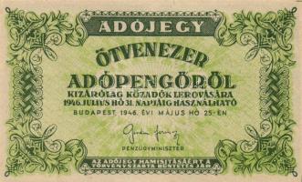 1946. 50.000AP barnásfehér vízjeles papíron, sorozat- és sorszám nélkül, vízjel szabályosan áll, de tükörkép T:I
