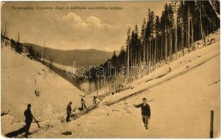 1913 Tiszabogdány, Bohdan; Lipoveczi völgy, a szálfának csusztatóba indítása. Benkő Miklós kiadása / valley, woodcutters, sliding tree (EB)