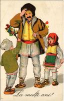 La multi ani / Birthday greeting art postcard, Romanian folklore (fl)