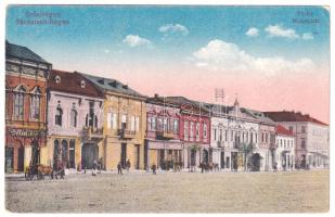 Szászrégen, Reghin; Fő tér, Lázár, Frank, Schupiter R., Márk Farkas üzlete, Márk szálloda / Hauptplatz / main square, shops, hotel (EK)