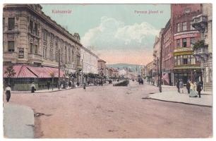 1913 Kolozsvár, Cluj; Ferenc József út, Berlitz nyelviskola, üzletek. Keszey Albert kiadása / street view, language school, shops (lyuk / pinhole)