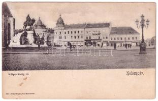 Kolozsvár, Cluj; Mátyás király tér és szobor, Erdélyi bank, Farkas Antal üzlete. Kováts P. Fiai kiadása / square, monument, bank, shops (fl)