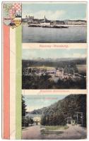 1914 Pozsony, Pressburg, Bratislava; látkép, Bimbóház, Vaskutacska, korai trolibusz. Magyar zászló és címer / Batzenhäusel, Eisenbrünnel (Eisenbründl) / Zelezná Studienka / general view, restaurant, villa, spa with early trolleybus, Hungarian flag and coat of arms (ázott / wet damage)