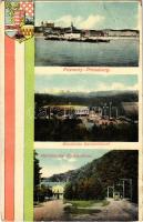 1912 Pozsony, Pressburg, Bratislava; látkép, Bimbóház, Vaskutacska, korai trolibusz. Magyar zászló és címer / Batzenhäusel, Eisenbrünnel (Eisenbründl) / Zelezná Studienka / general view, restaurant, villa, spa with early trolleybus, Hungarian flag and coat of arms (lyuk / pinhole)