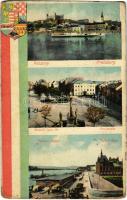 1912 Pozsony, Pressburg, Bratislava; látkép, Kossuth Lajos tér, Fadrusz rakpart. Magyar zászló és címer / general view, square, quay, Hungarian flag and coat of arms (EM)