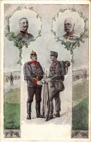 WWI German and Austro-Hungarian K.u.K. military art postcard with Franz Joseph I of Austria and Wilhelm II, Viribus Unitis propaganda. LP 1591. Art Nouveau (ázott sarok / wet corner)