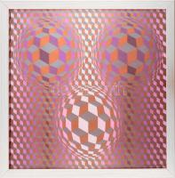 Victor Vasarely (1908-1997): Op-art kompozíció. Nyomat, papír, jelzett. Üvegezett fakeretben, 36x36 cm