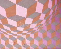 Victor Vasarely (1908-1997): Op-art kompozíció. Nyomat, papír, jelzett. Üvegezett fakeretben, 36x36 ...