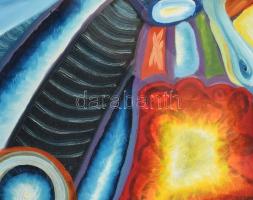 Olvashatatlan (Juri...?) jelzéssel, XX. sz. második fele: Szürreális világ. Olaj, vászon. Üvegezett ...