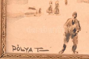 Pólya T jelzéssel: Sétálók. Akvarell, papír. Foltos. Dekoratív fakeretben. 15x21 cm