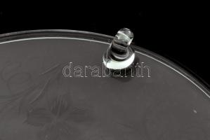 Csiszolt szőlőmintával díszített üveg tortatál, 3 lábon álló, jelzetlen, minimális kopottsággal, d: ...