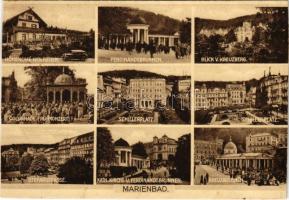 1931 Marianske Lazne, Marienbad; Höhencafe Wolfstein, Ferdinandsbrunnen, Kreuzberg, Colonnade Frühkonzert, Schillerplatz, Stefanstrasse, Kreuzbrunnen / cafe, fountain, square, street (cut)