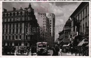 1942 Bucharest, Bukarest, Bucuresti, Bucuresci; Calea Victoriei / street view, automobiles, autobus, shops, photo (small tears)