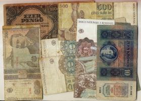 Kis tétel, benne korona-pengő 7db, 1915. 10K (4x) román ellenbélyegzővel + 6db modern román bankjegy T:vegyes