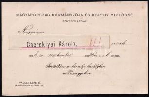 1928 Magyarország kormányzója és Horthy Miklósné meghívása a Gödöllői Királyi kastélyba, villásreggelire.