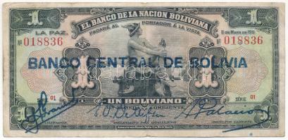 Bolívia 1929. 1B "Banco Central De Bolivia" felülbélyegzéssel T:F,VG folt Bolivia 1929. 1 Boliviano with "Banco Central De Bolivia" overprint C:F,VG spotted Krause P#112