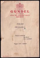 1939 Gundel Éttermei - Szt. Gellért Szálló Budapest, ételsor 1939. december 7., étlap borító, kissé sérült, foltos, 15x10,5 cm