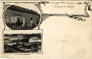 1910 Mezőbánd, Band; M. k. állami elemi iskola télen, Farkas M. üzlete és kirakata / elementary school in winter, shop front. Art Nouveau (EB)