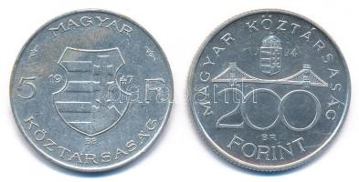 1947. 5Ft Ag "Kossuth" + 1994. 200Ft Ag "Deák" T:AU patina 
Adamo F8.1, F13.1