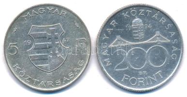 1947. 5Ft Ag "Kossuth" + 1994. 200Ft Ag "Deák" T:AU,XF patina 
Adamo F8.1, F13....