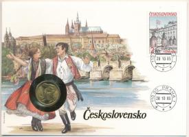 Csehszlovákia 1985. 1K Al-bronz felbélyegzett borítékban, bélyegzéssel, német nyelvű leírással T:AU Czechoslovakia 1985. 1 Koruna Al-bronze in envelope with stamp, cancellation and a prospectus in german C:AU