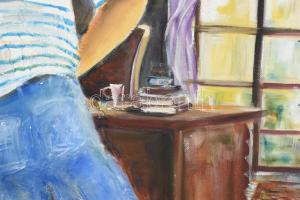 Soproni Emese (?-): A farmernadrágos. Olaj, vászon, jelzett. 50x70 cm