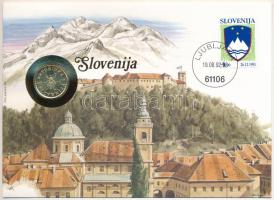 Szlovénia 1991. 0,10L sárgaréz kereskedelmi zseton felbélyegzett borítékban, bélyegzéssel, német nyelvű leírással T:UNC Slovenia 1991. 0,10 Lipe brass trade token in envelope with stamp, cancellation and a prospectus in german C:UNC