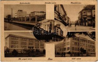 1943 Léva, Levice; Dohánybeváltó, Schoeller malom, Mussolini utca, Áll. polgári iskola, OTI intézet / tobacco factory, mill, street, school, hospital (EB)