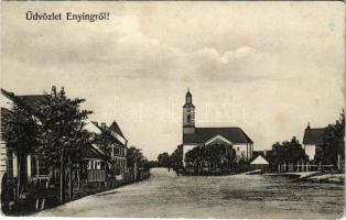 1908 Enying, utca részlet a templommal. Kiadja Politzer Jenő (fl)