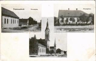 1935 Kaposszekcső, utca részlet, községháza, Evangélikus templom, római katolikus templom. Koncz-fotó kiadása (kis szakadás / small tear)
